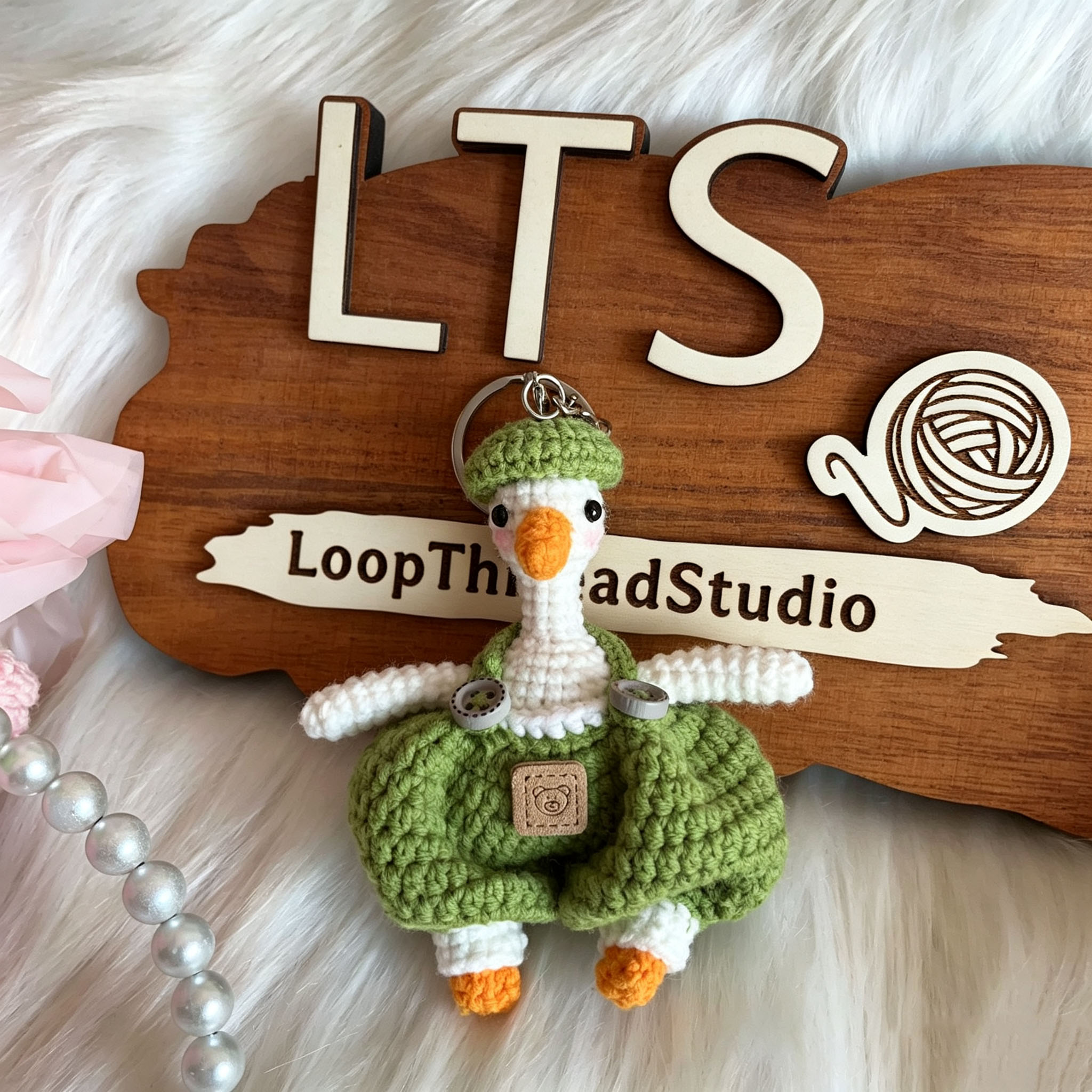 Handmade Crochet Goose Keychain | Cute Knitted Goose in Overalls - Image 8