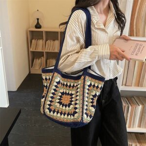 Handmade Crochet Granny Square Tote – Navy Blue Vintage Floral Bag with Lining, Large Capacity Shoulder Bag, Retro Boho Handbag