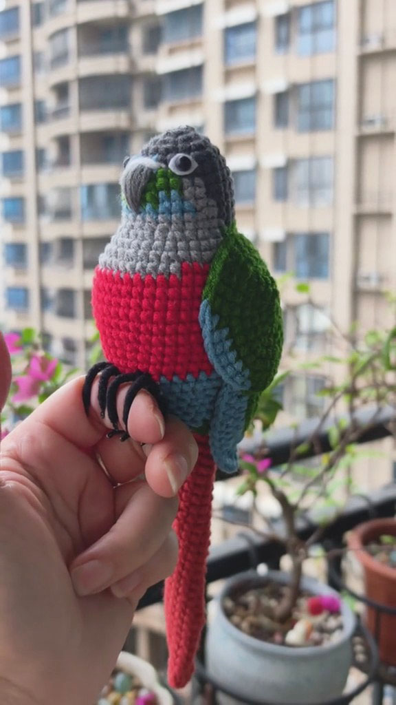 Custom Crochet High Red Conure – Handmade Green Cheek Parrot Plush, Small Keychain with Bell or Large Display, Personalized Pet Portrait