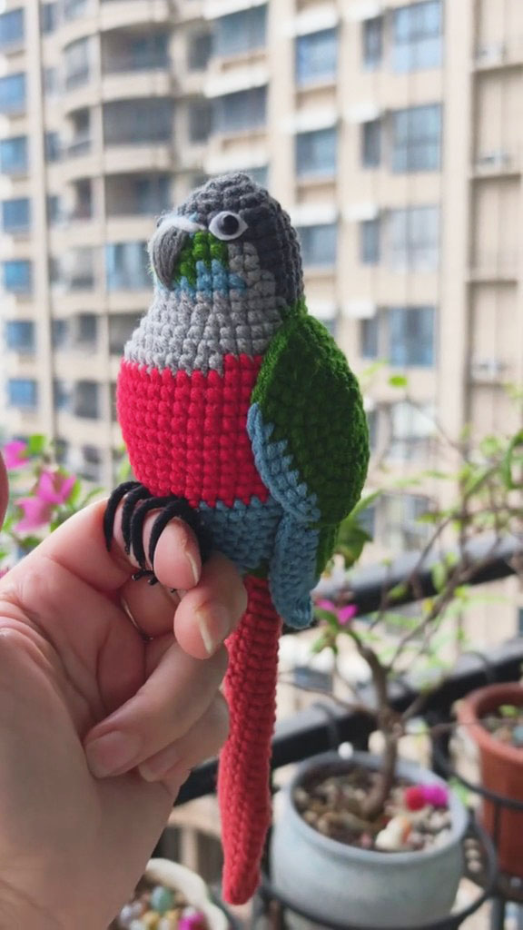 Custom Crochet High Red Conure – Handmade Green Cheek Parrot Plush, Small Keychain with Bell or Large Display, Personalized Pet Portrait - Image 6