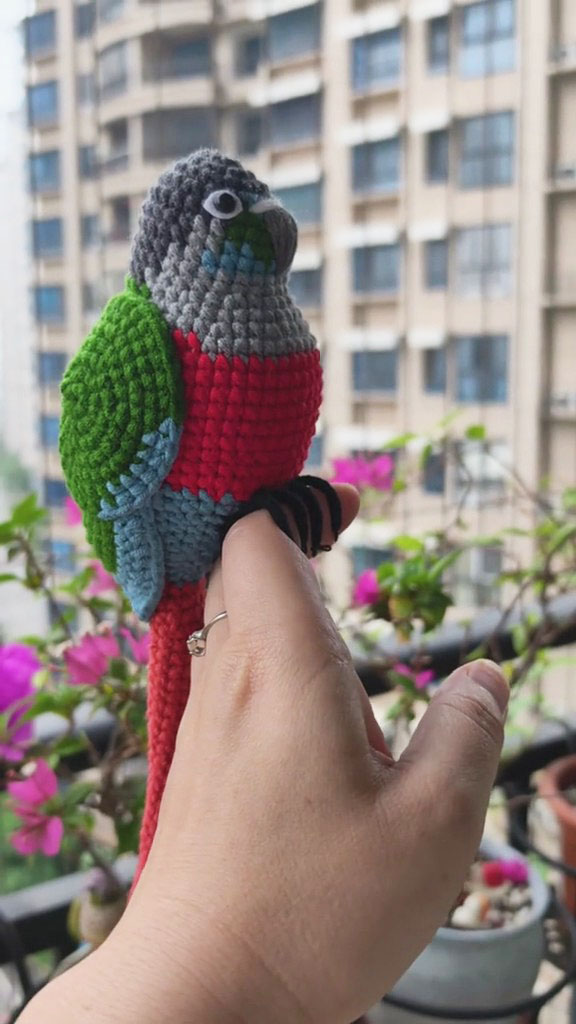 Custom Crochet High Red Conure – Handmade Green Cheek Parrot Plush, Small Keychain with Bell or Large Display, Personalized Pet Portrait - Image 7