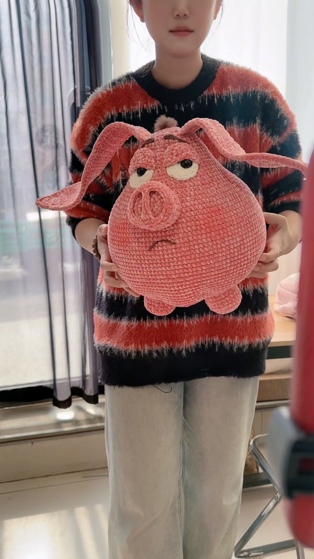 Handmade Crochet Grumpy Pink Pig Plush | Fluffy Anime Inspired Flying Pig Doll - Image 11