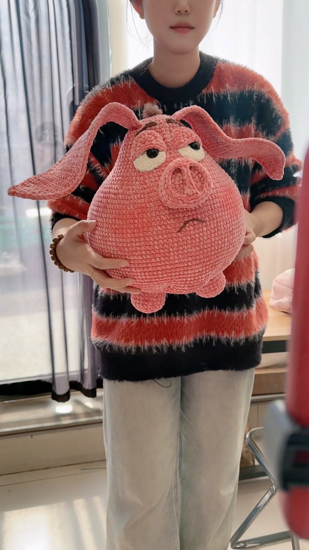 Handmade Crochet Grumpy Pink Pig Plush | Fluffy Anime Inspired Flying Pig Doll - Image 9