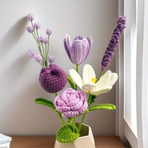 Handmade Crochet Lavender Bouquet – Mixed Purple & White Flowers with 30cm Stems, Forever Gift for Her, Home Decor