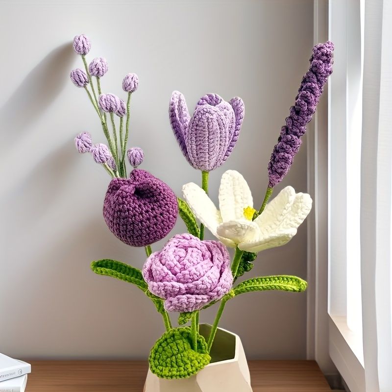 Handmade Crochet Lavender Bouquet – Mixed Purple & White Flowers with 30cm Stems, Forever Gift for Her, Home Decor - Image 4