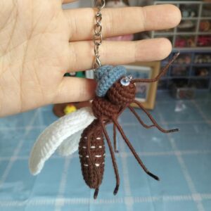 Handmade Crochet Mosquito Keychain with Blue Hat | Cute Insect Bag Charm | Funny Bug Decor