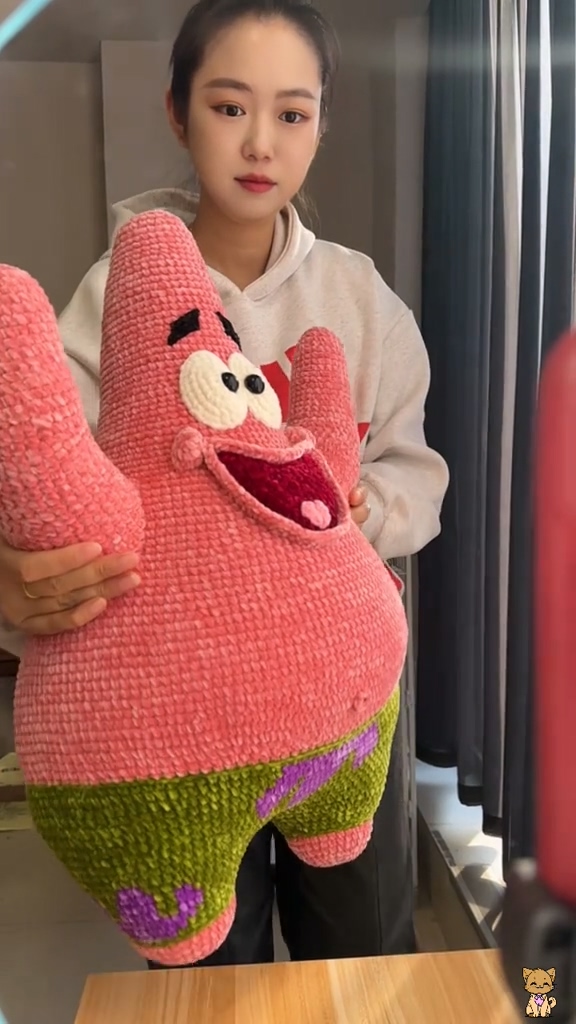Handmade Crochet Pink Starfish Plush | Large Quirky Sea Star Doll with Green Shorts - Image 2