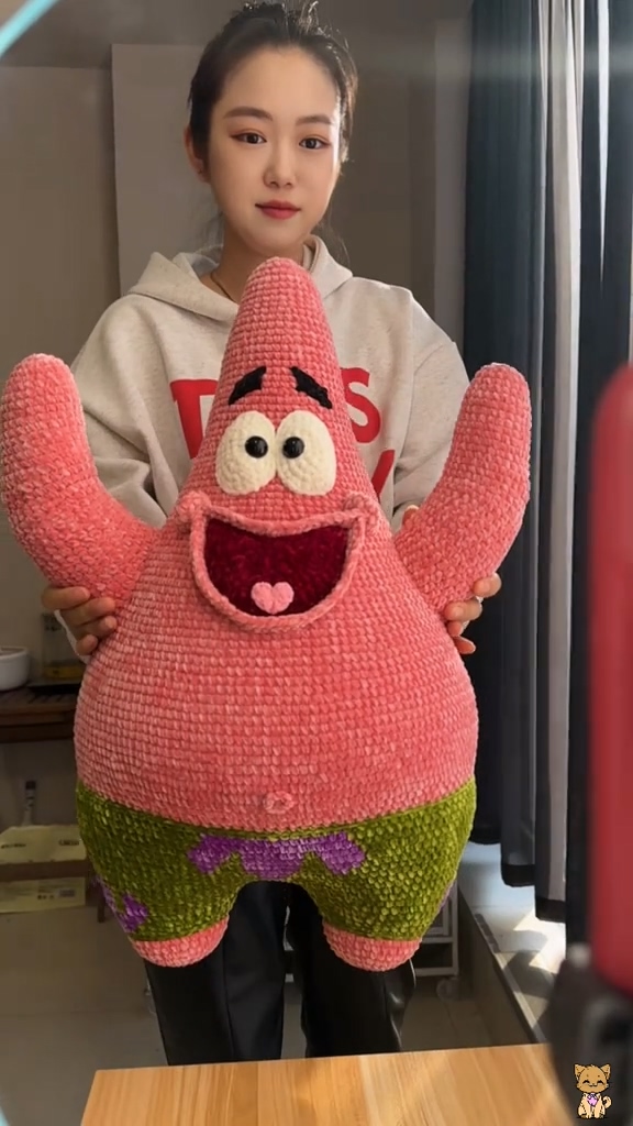 Handmade Crochet Pink Starfish Plush | Large Quirky Sea Star Doll with Green Shorts - Image 3