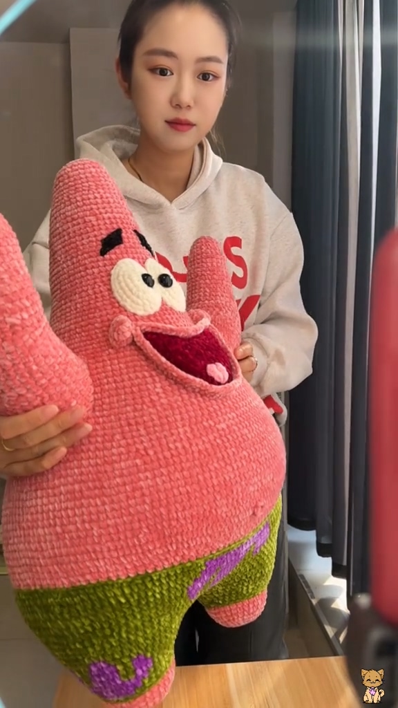 Handmade Crochet Pink Starfish Plush | Large Quirky Sea Star Doll with Green Shorts - Image 4