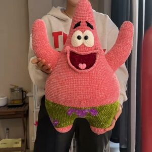 Handmade Crochet Pink Starfish Plush | Large Quirky Sea Star Doll with Green Shorts