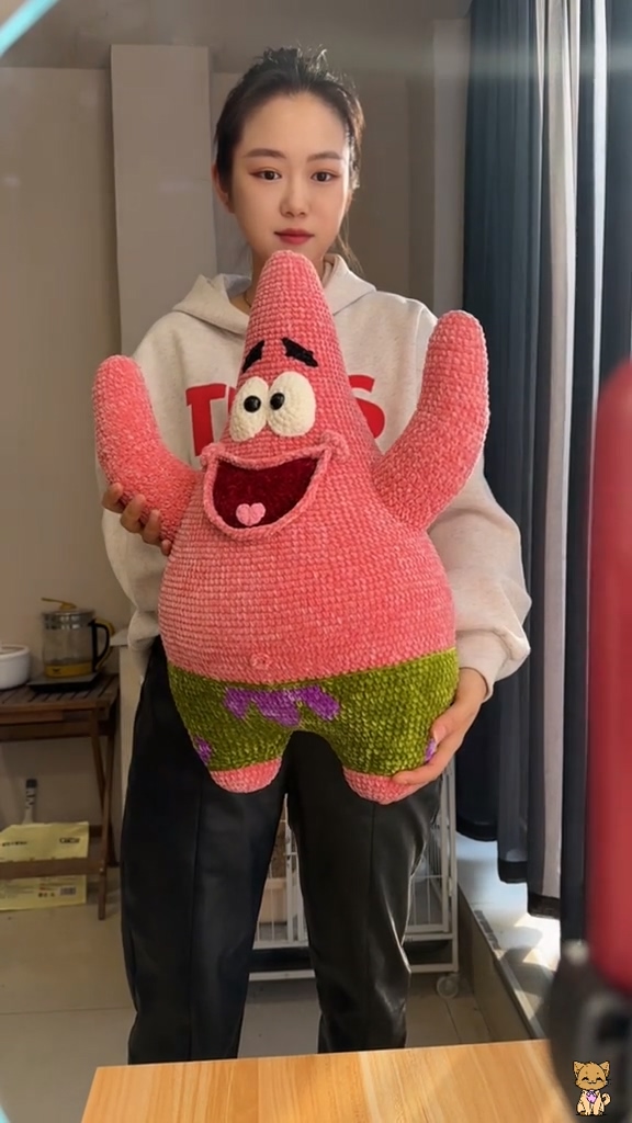 Handmade Crochet Pink Starfish Plush | Large Quirky Sea Star Doll with Green Shorts - Image 7
