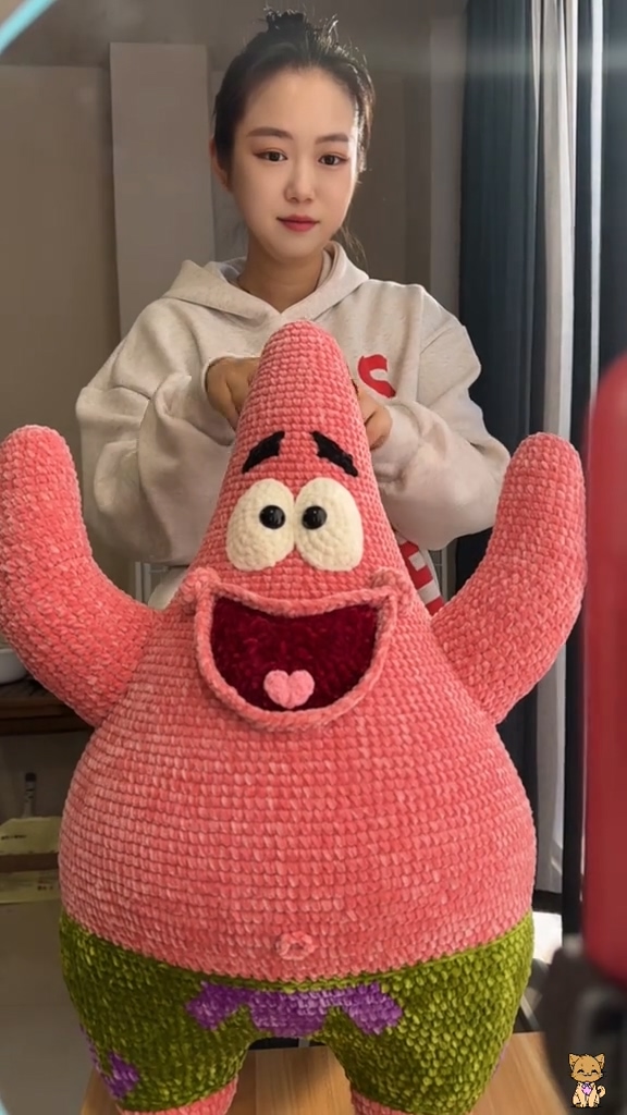 Handmade Crochet Pink Starfish Plush | Large Quirky Sea Star Doll with Green Shorts - Image 9