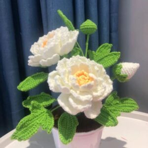 Handmade Crochet Potted Plants | Realistic Knitted Peony Flower in Pot | 4 Colors