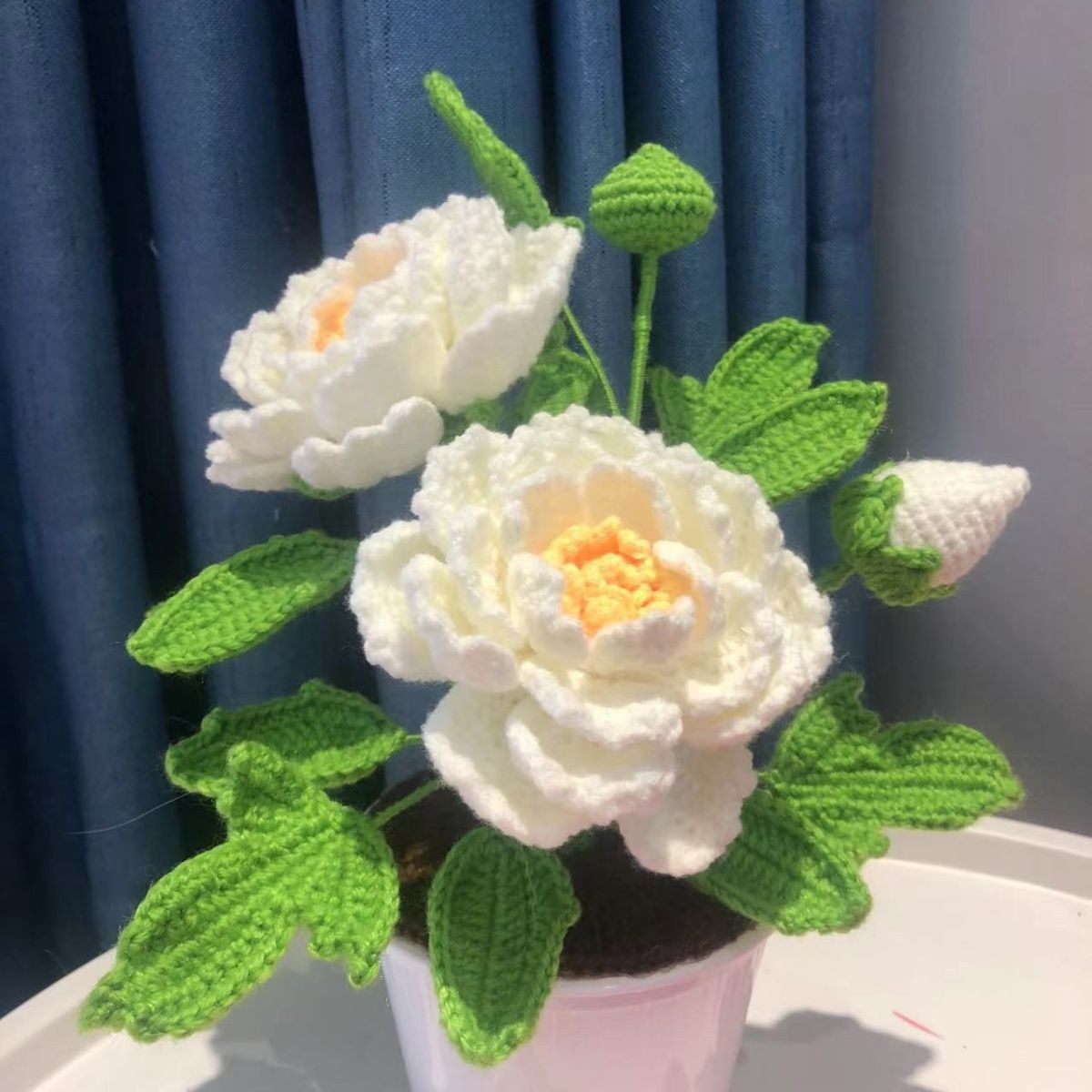 Handmade Crochet Potted Plants | Realistic Knitted Peony Flower in Pot | 4 Colors