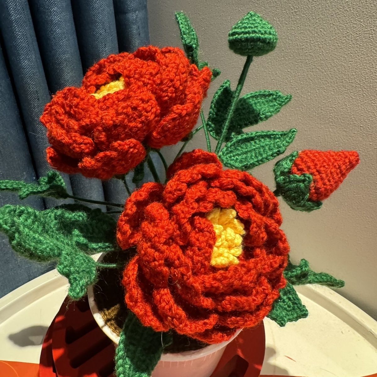 Handmade Crochet Potted Plants | Realistic Knitted Peony Flower in Pot | 4 Colors - Image 4