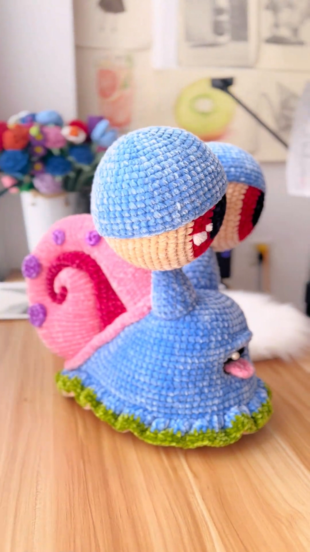 Handmade Crochet Quirky Snail Plush | Unique Blue & Pink Spiral Shell Doll - Image 4