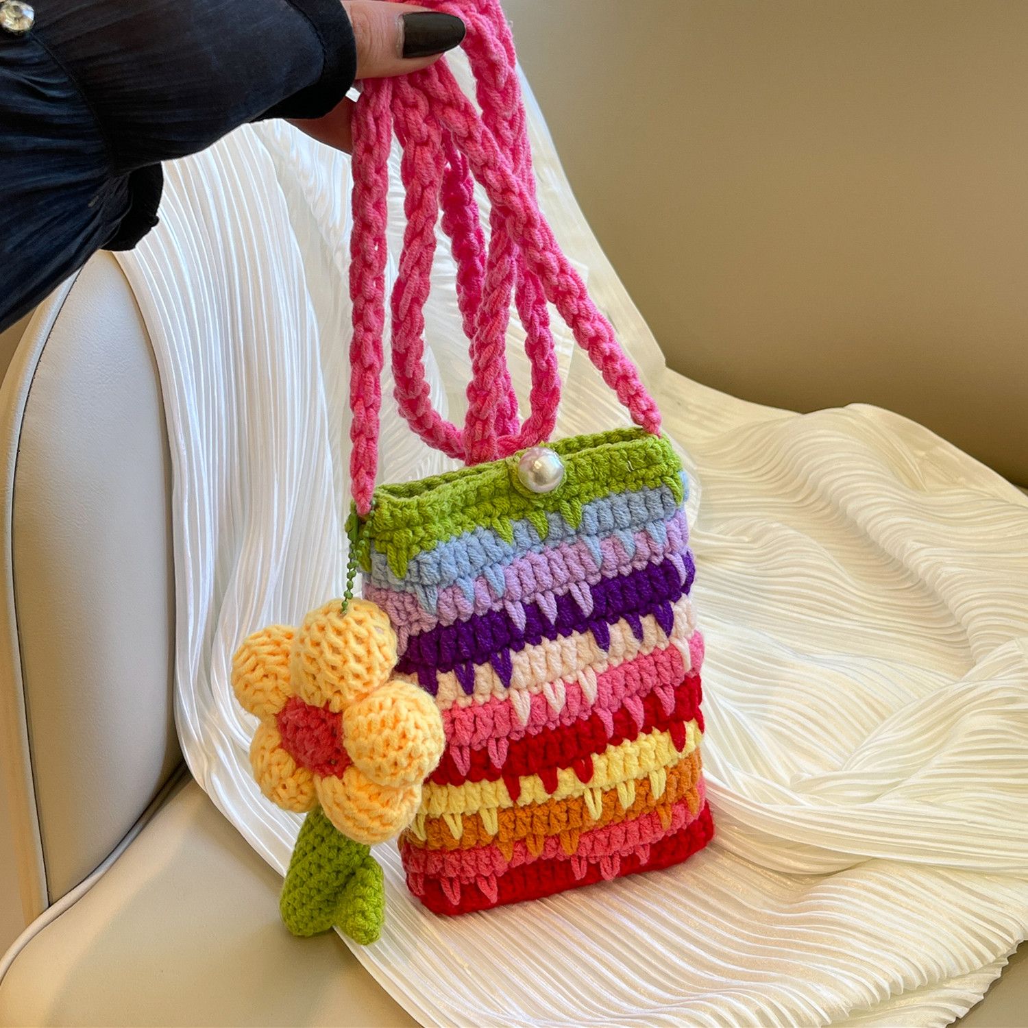 Handmade Crochet Rainbow Flower Phone Bag – Dopamine Mini Crossbody Purse with Pearl Button & 140cm Long Strap