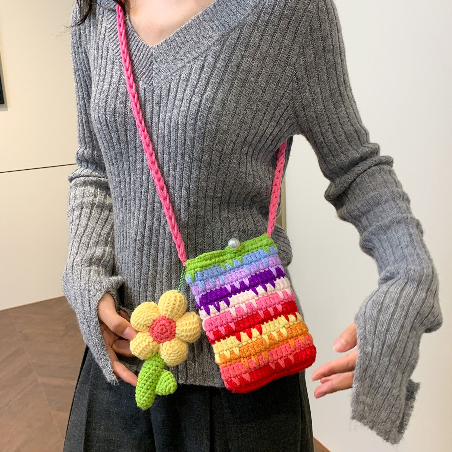 Handmade Crochet Rainbow Flower Phone Bag – Dopamine Mini Crossbody Purse with Pearl Button & 140cm Long Strap - Image 9