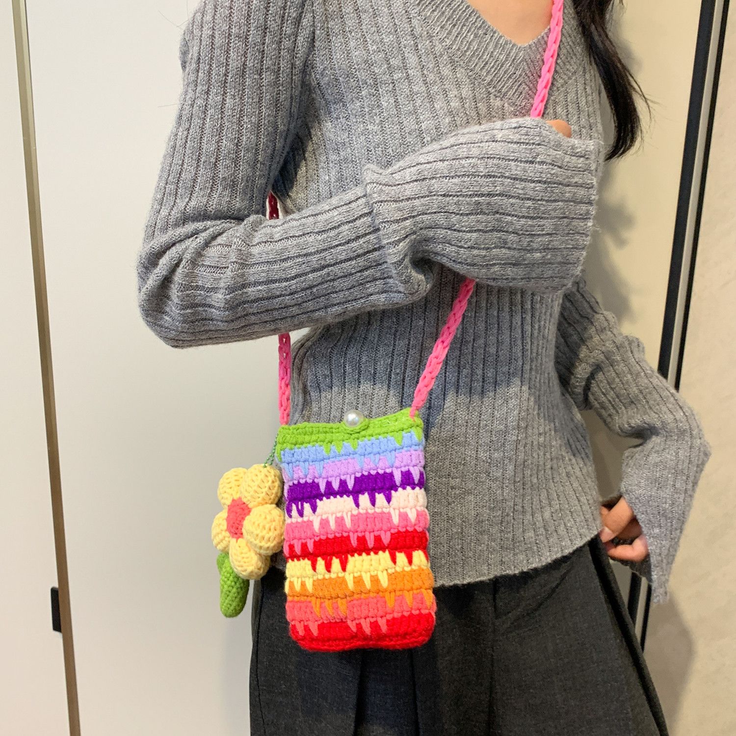 Handmade Crochet Rainbow Flower Phone Bag – Dopamine Mini Crossbody Purse with Pearl Button & 140cm Long Strap - Image 10