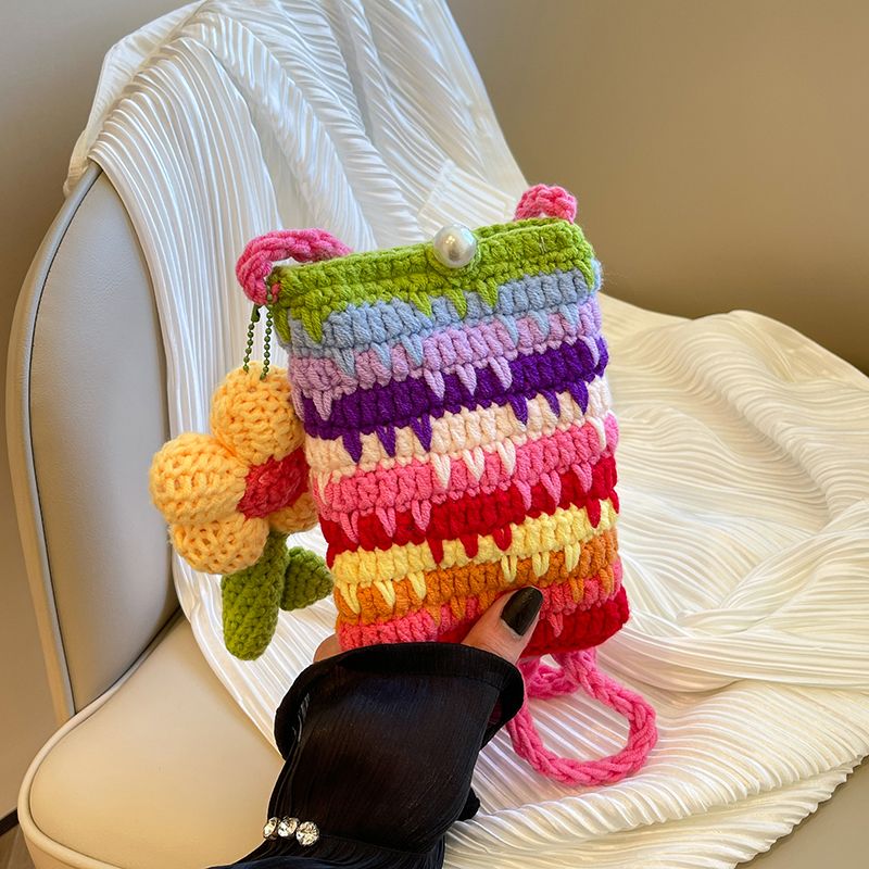 Handmade Crochet Rainbow Flower Phone Bag – Dopamine Mini Crossbody Purse with Pearl Button & 140cm Long Strap - Image 11