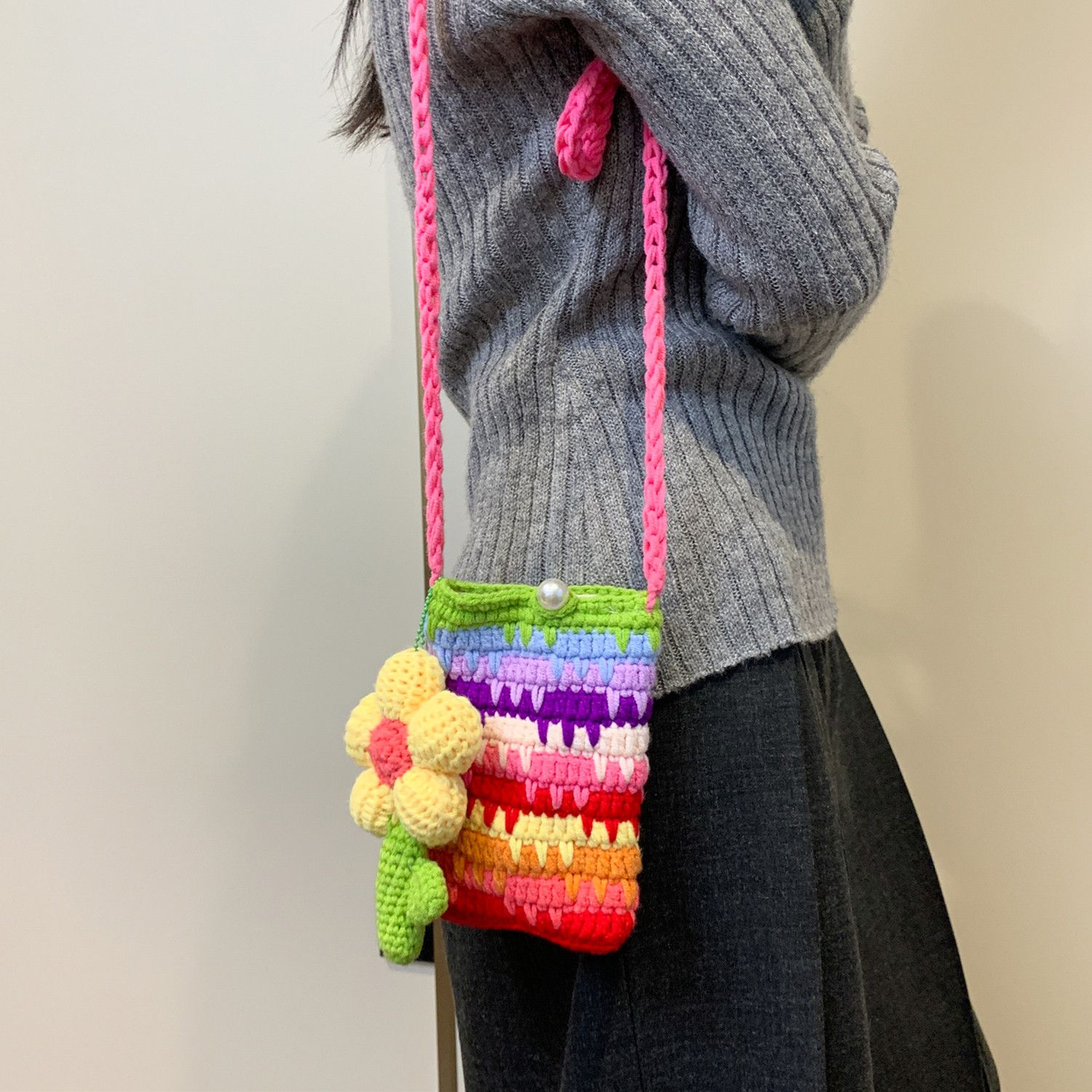 Handmade Crochet Rainbow Flower Phone Bag – Dopamine Mini Crossbody Purse with Pearl Button & 140cm Long Strap - Image 12