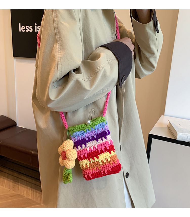 Handmade Crochet Rainbow Flower Phone Bag – Dopamine Mini Crossbody Purse with Pearl Button & 140cm Long Strap - Image 2