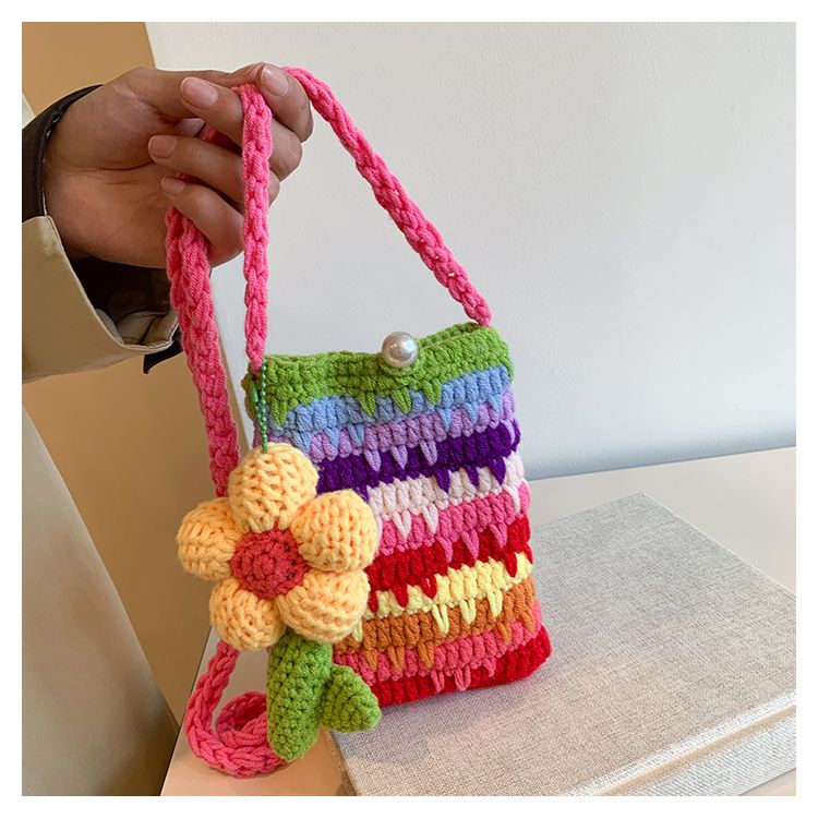 Handmade Crochet Rainbow Flower Phone Bag – Dopamine Mini Crossbody Purse with Pearl Button & 140cm Long Strap - Image 4
