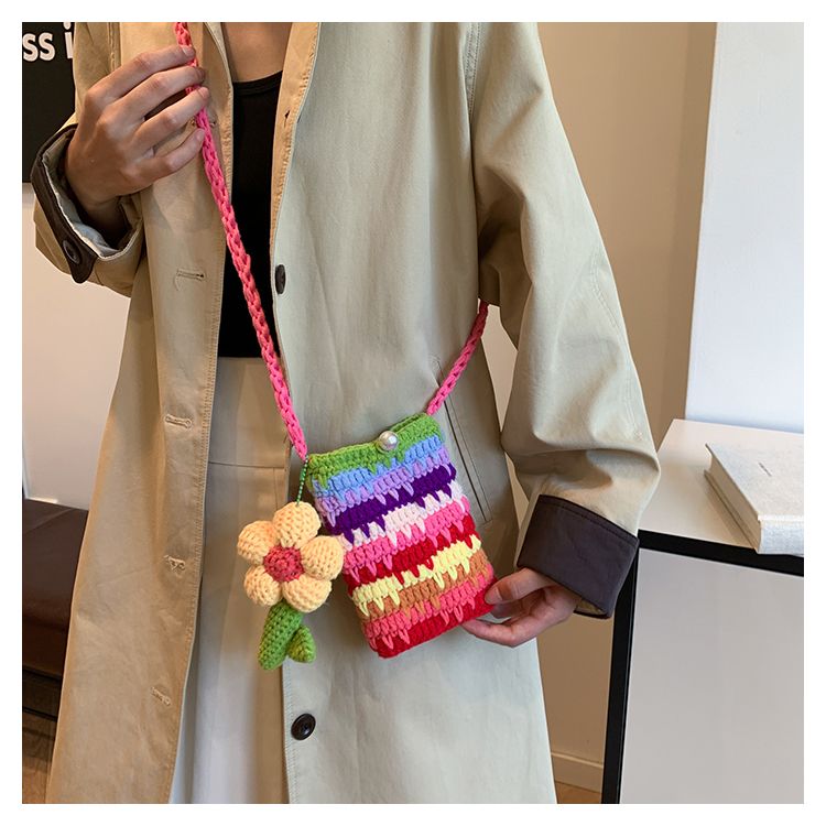 Handmade Crochet Rainbow Flower Phone Bag – Dopamine Mini Crossbody Purse with Pearl Button & 140cm Long Strap - Image 5