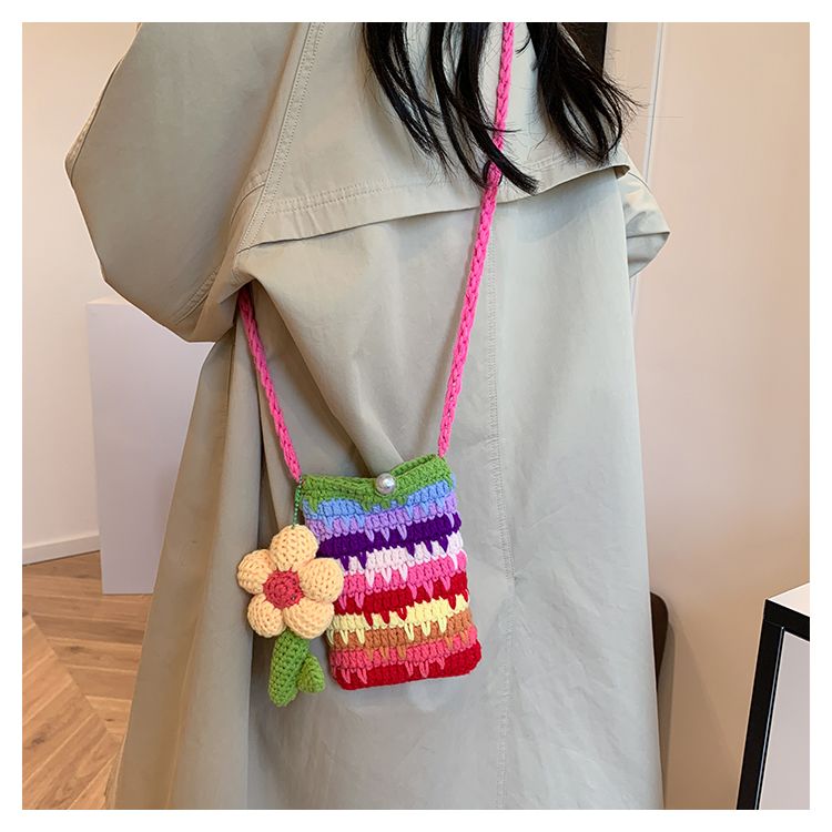 Handmade Crochet Rainbow Flower Phone Bag – Dopamine Mini Crossbody Purse with Pearl Button & 140cm Long Strap - Image 6