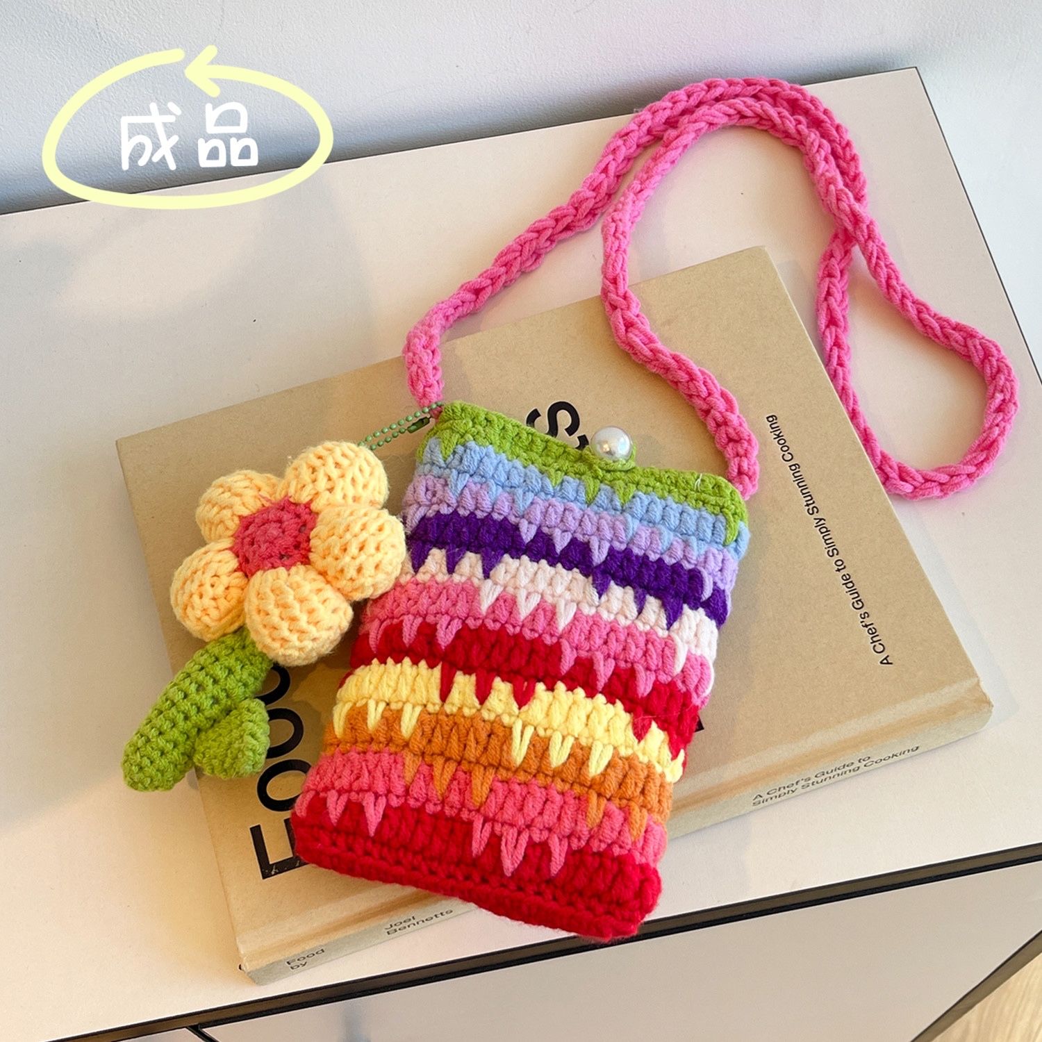 Handmade Crochet Rainbow Flower Phone Bag – Dopamine Mini Crossbody Purse with Pearl Button & 140cm Long Strap - Image 8