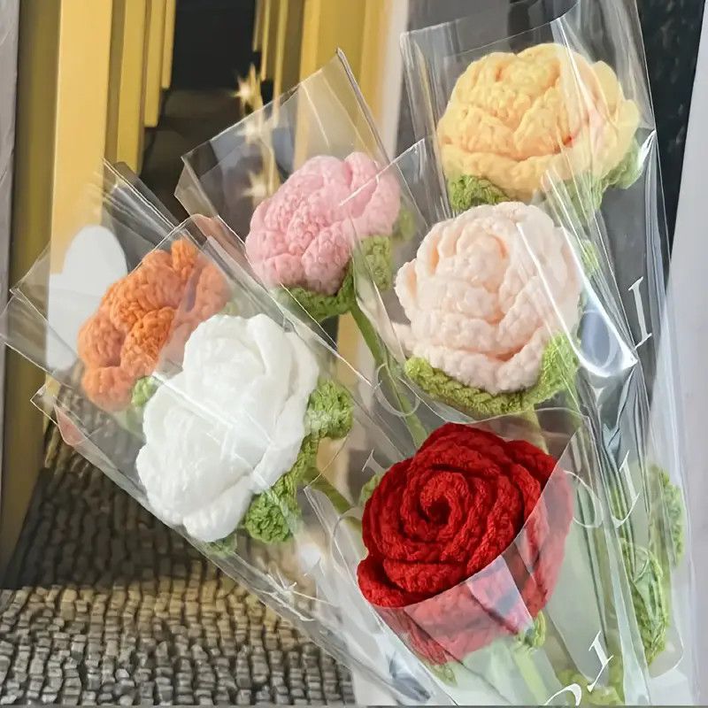 Crochet Rose Bouquet – Handmade Single Stem Flowers with Gift Wrap, Mixed Colors, 6 or 12 Stems, Forever Rose Gift - Image 3