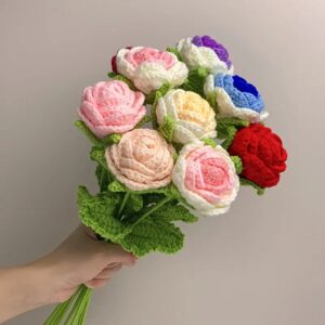 Crochet Rose Bouquet – Handmade Single Stem Flowers with Gift Wrap, Mixed Colors, 6 or 12 Stems, Forever Rose Gift