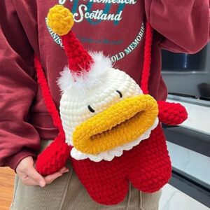 Handmade Crochet Santa Claus Crossbody Bag – Cute Big Mouth Santa Purse with Long Strap, Red, Wine & Green, Christmas Holiday Gift
