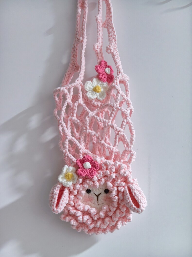 Handmade Crochet Sheep Cup Holder | 2-in-1 Pink Lamb Charm & Bottle Bag - Image 3