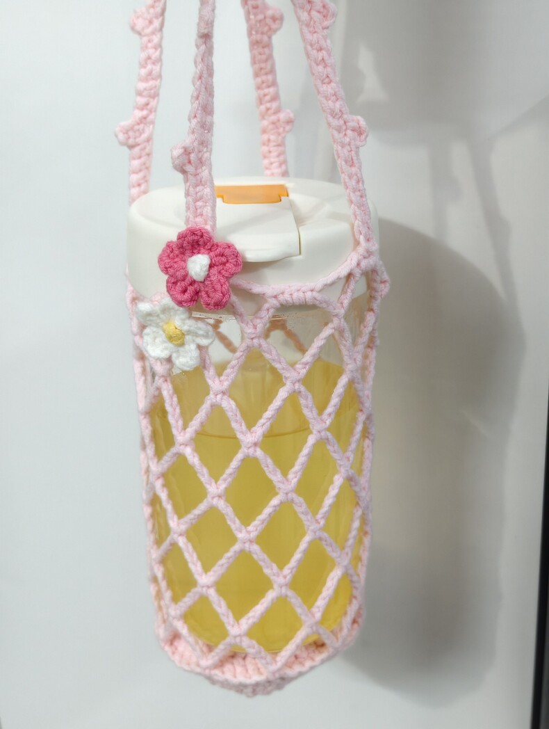 Handmade Crochet Sheep Cup Holder | 2-in-1 Pink Lamb Charm & Bottle Bag - Image 7