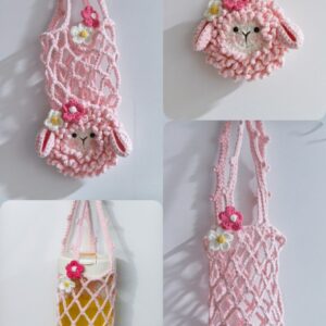 Handmade Crochet Sheep Cup Holder | 2-in-1 Pink Lamb Charm & Bottle Bag