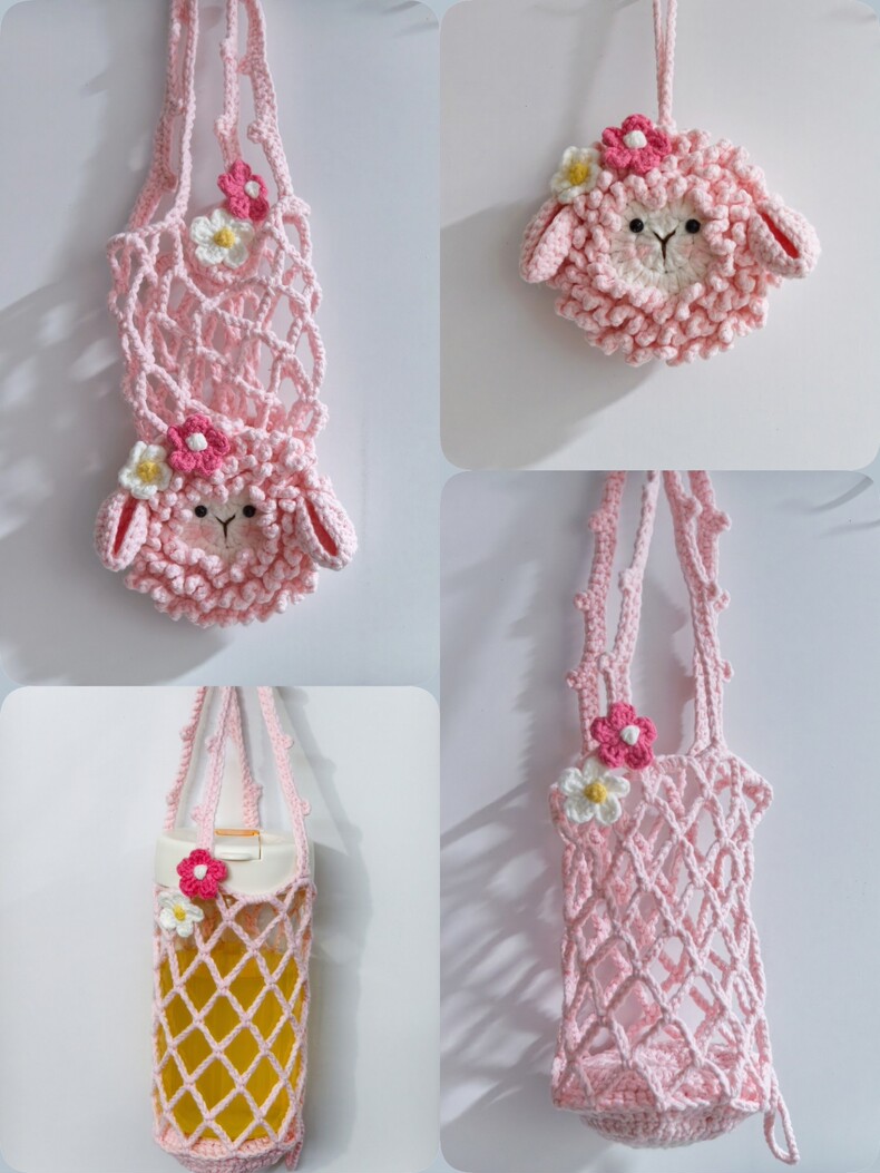 Handmade Crochet Sheep Cup Holder | 2-in-1 Pink Lamb Charm & Bottle Bag