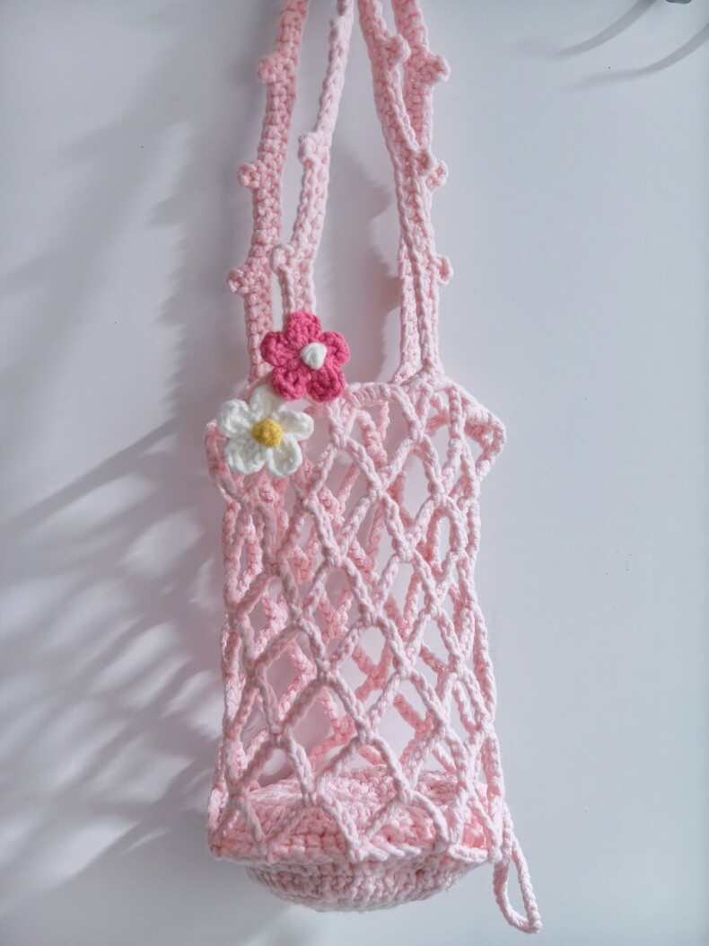 Handmade Crochet Sheep Cup Holder | 2-in-1 Pink Lamb Charm & Bottle Bag - Image 4