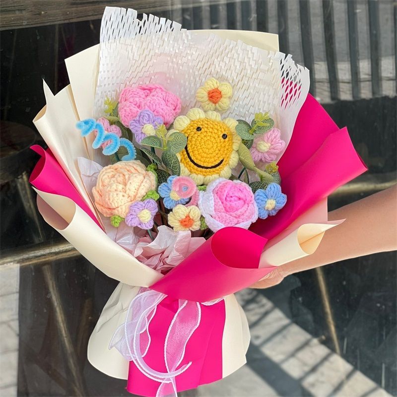 Crochet Smiley Sunflower Bouquet – Handmade Mixed Flowers Gift with Gift Bag, LED Lights & Card - Image 2