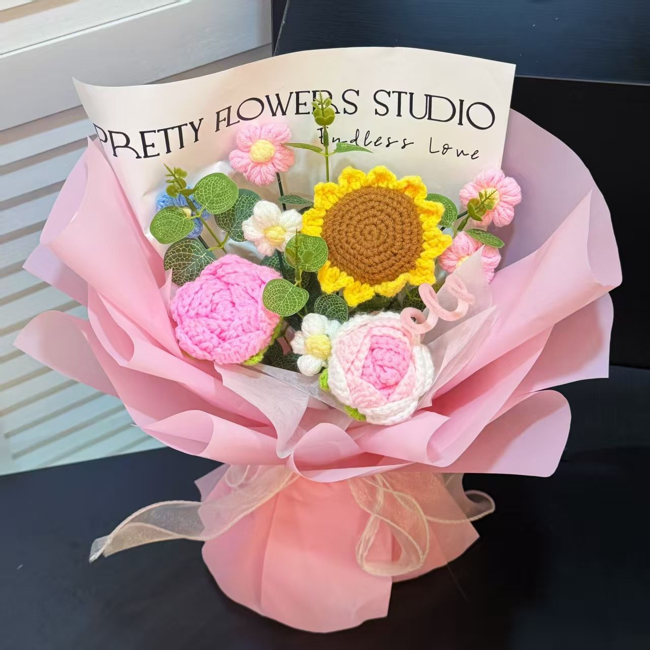 Crochet Smiley Sunflower Bouquet – Handmade Mixed Flowers Gift with Gift Bag, LED Lights & Card - Image 5