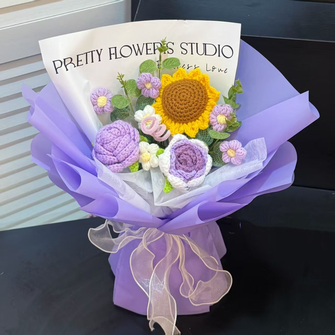 Crochet Smiley Sunflower Bouquet – Handmade Mixed Flowers Gift with Gift Bag, LED Lights & Card - Image 6
