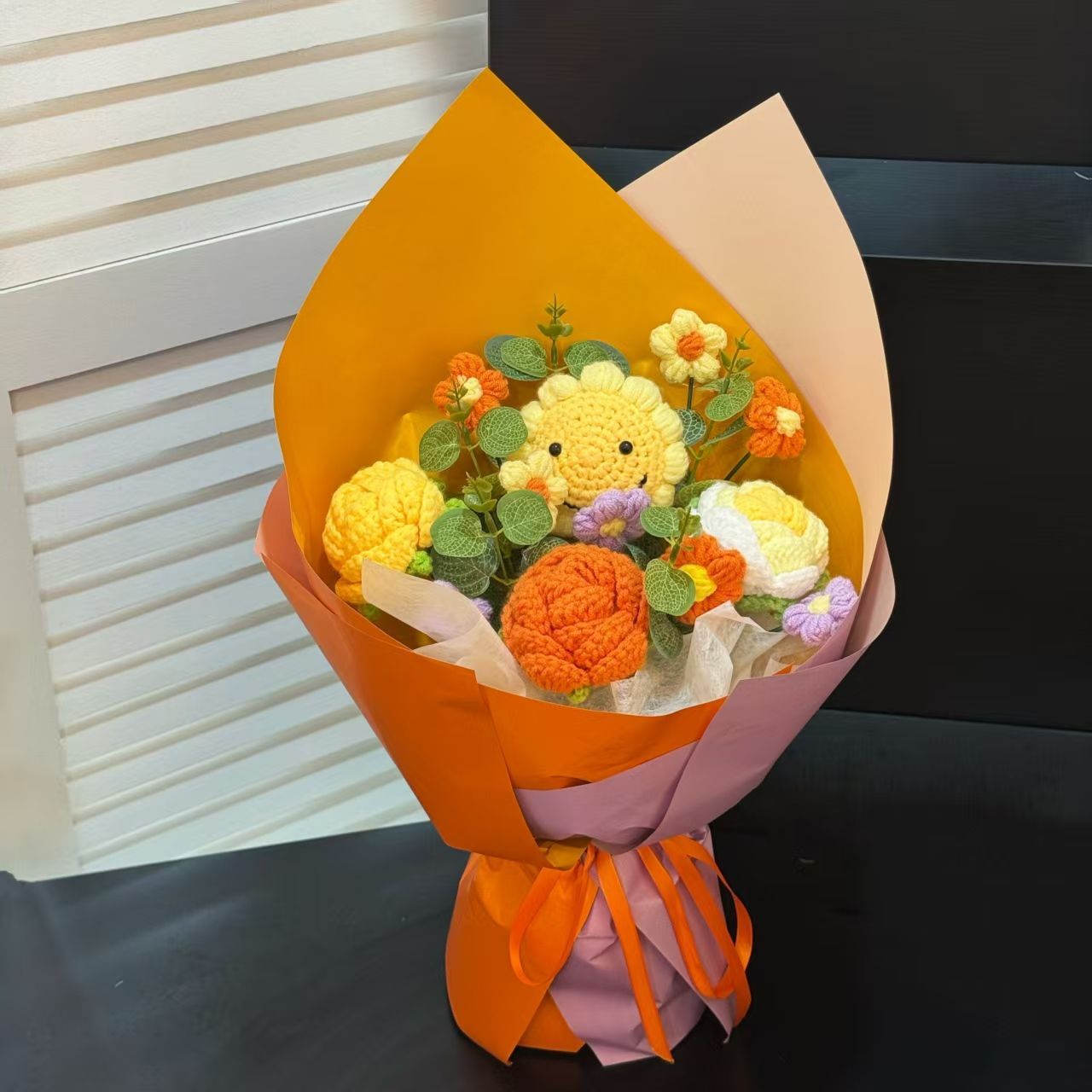 Crochet Smiley Sunflower Bouquet – Handmade Mixed Flowers Gift with Gift Bag, LED Lights & Card - Image 7
