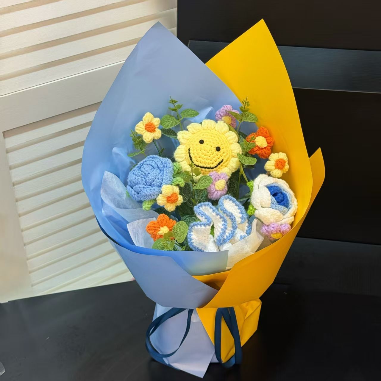 Crochet Smiley Sunflower Bouquet – Handmade Mixed Flowers Gift with Gift Bag, LED Lights & Card - Image 8
