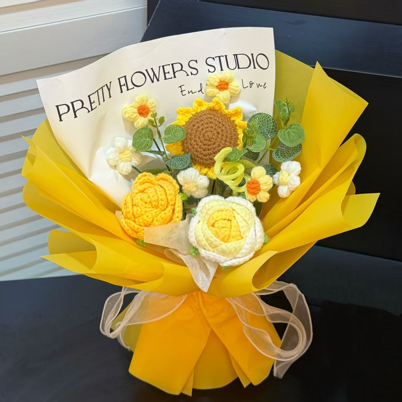 Crochet Smiley Sunflower Bouquet – Handmade Mixed Flowers Gift with Gift Bag, LED Lights & Card - Image 9