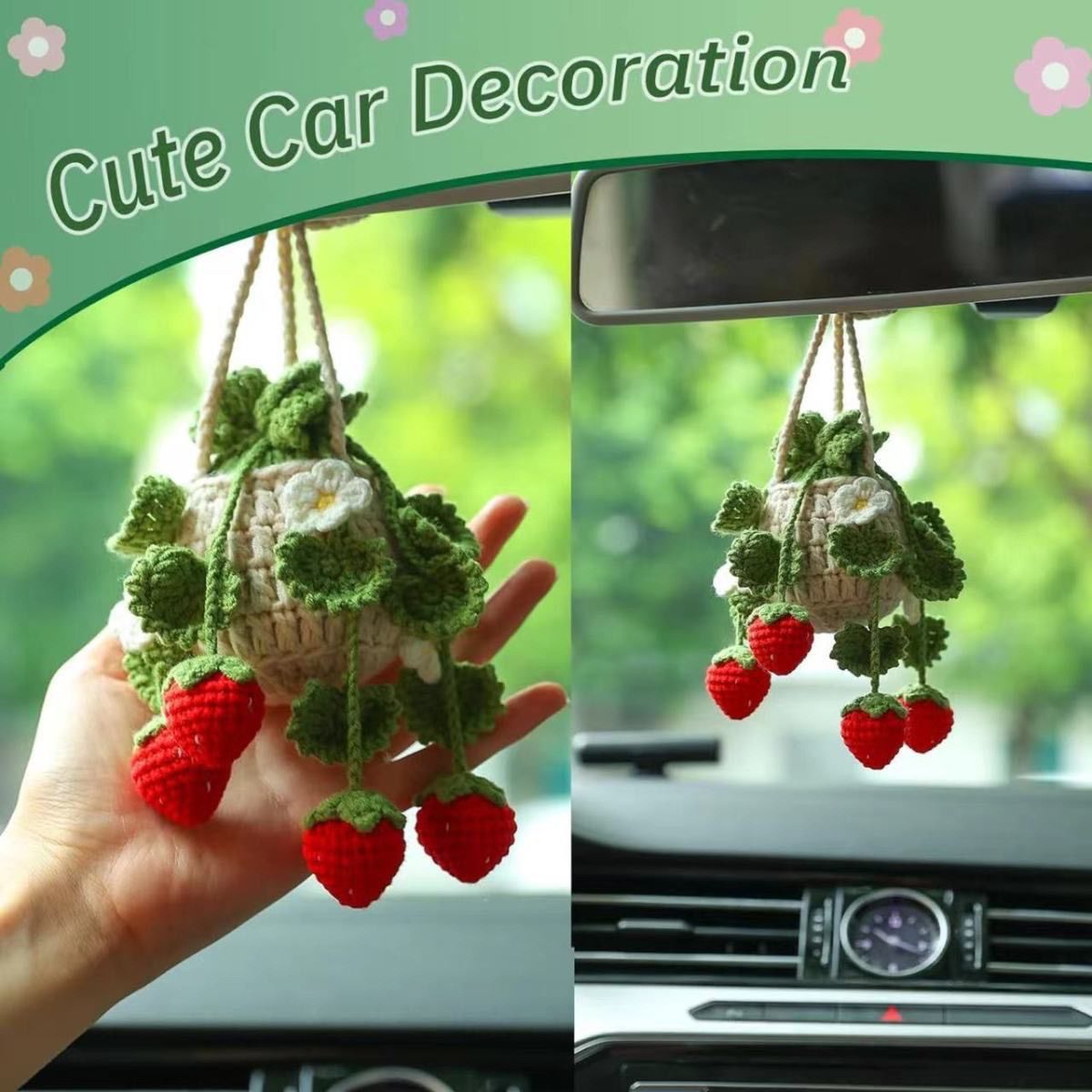Crochet Strawberry Car Mirror Hanging – Handmade Mini Basket Pendant with Red Berries & Flowers, Cute Car Accessory - Image 3