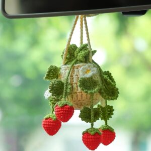 Crochet Strawberry Car Mirror Hanging – Handmade Mini Basket Pendant with Red Berries & Flowers, Cute Car Accessory