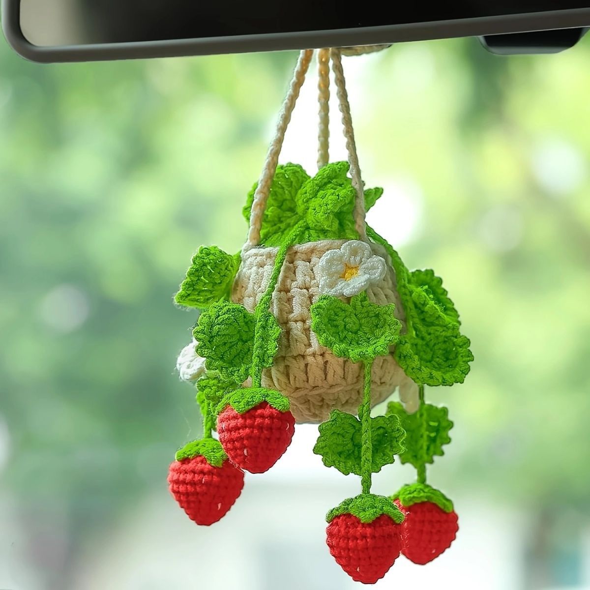 Crochet Strawberry Car Mirror Hanging – Handmade Mini Basket Pendant with Red Berries & Flowers, Cute Car Accessory - Image 5