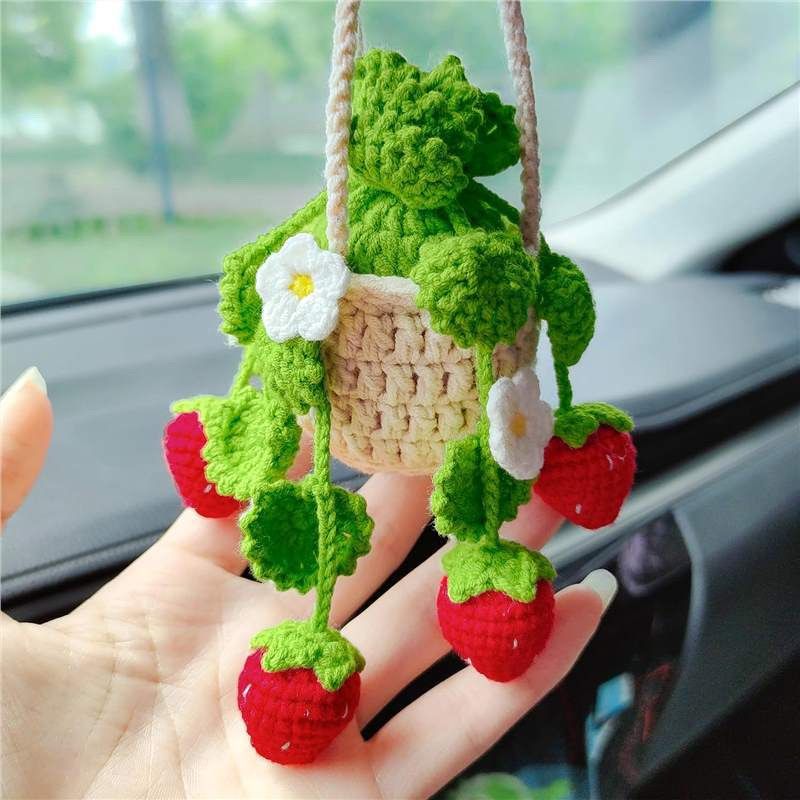 Crochet Strawberry Car Mirror Hanging – Handmade Mini Basket Pendant with Red Berries & Flowers, Cute Car Accessory - Image 6