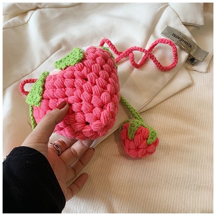 Handmade Crochet Strawberry Crossbody Bag – Cute Toddler & Kids Purse with Long Strap, Pink & Rose Red, Fits Phone, Summer Gift - Image 7