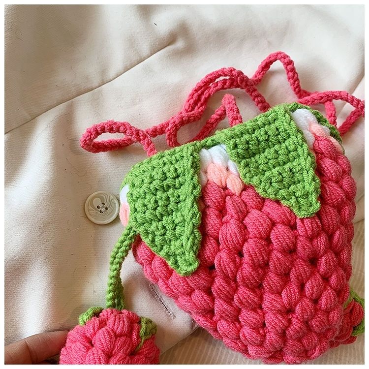 Handmade Crochet Strawberry Crossbody Bag – Cute Toddler & Kids Purse with Long Strap, Pink & Rose Red, Fits Phone, Summer Gift - Image 8